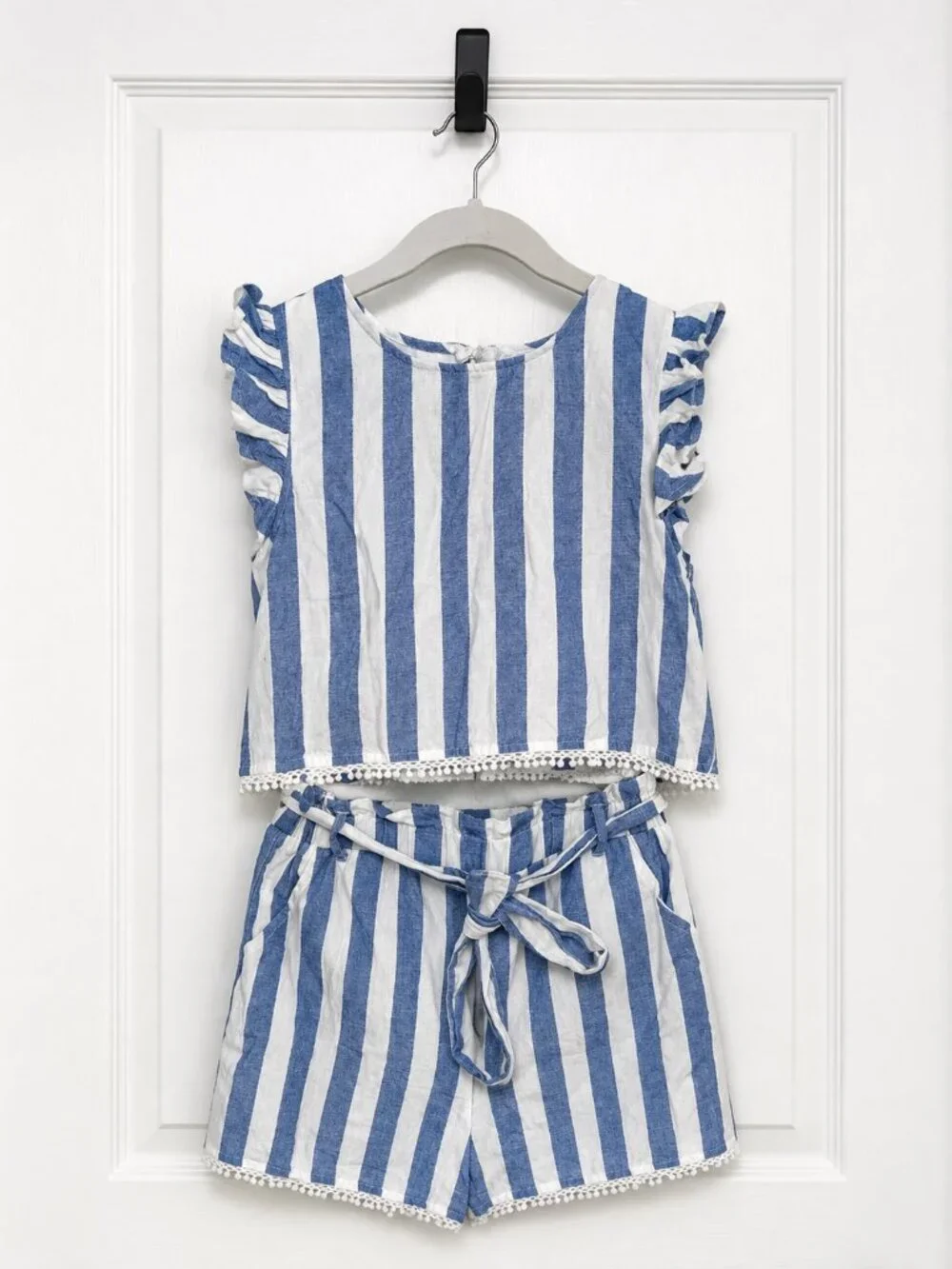 Girls 2 Piece Set - Striped Chambray Top & Matching Shorts - Size 8